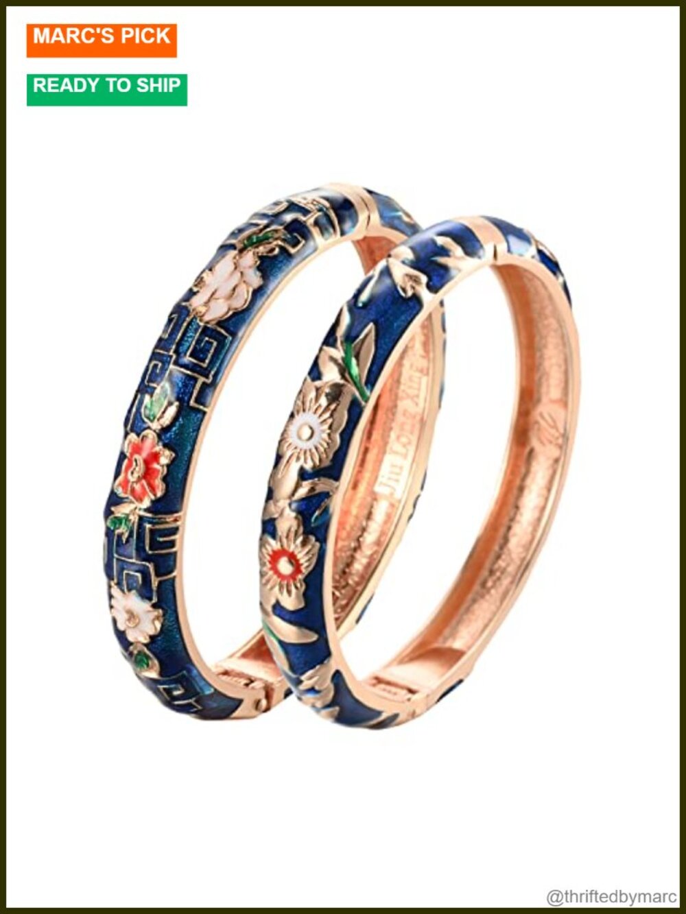 Enameled Floral Cloisonne Cuff Bangle Bracelets 2-Piece Set Alloy Jewelry Gift